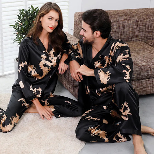 Couple Silk Satin Pajamas Set Long Sleeve Sleepwear