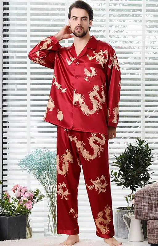 Couple Silk Satin Pajamas Set Long Sleeve Sleepwear