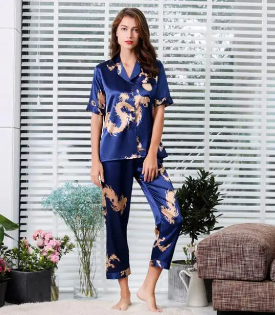 Couple Silk Satin Pajamas Set Long Sleeve Sleepwear