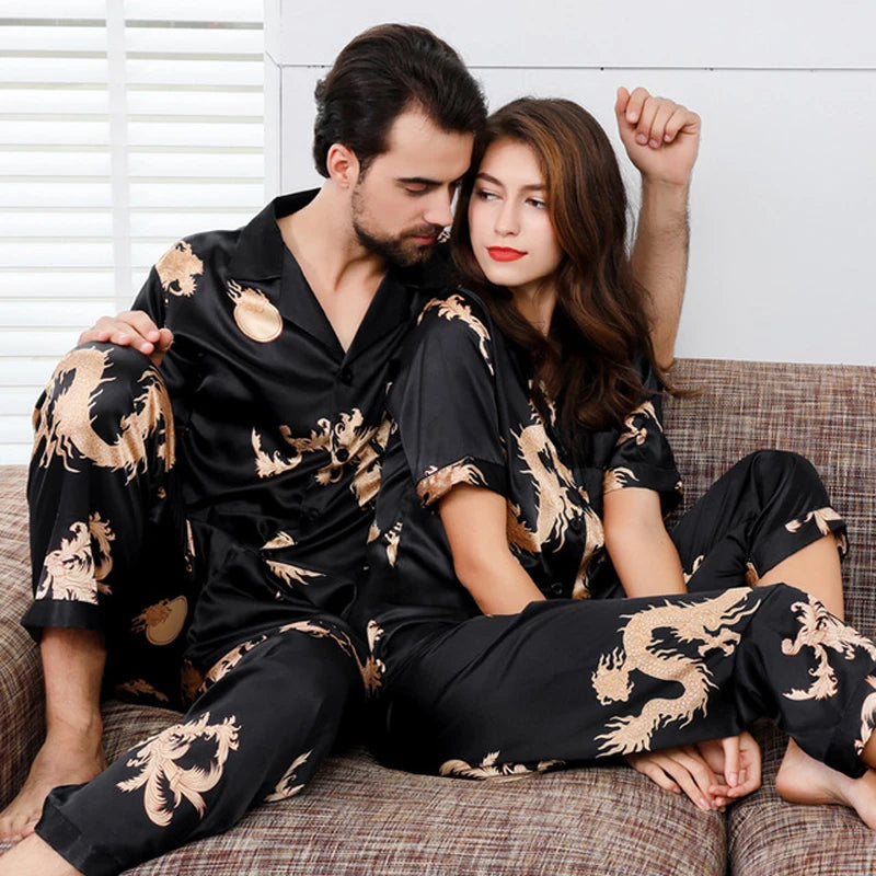 Couple Silk Satin Pajamas Set Long Sleeve Sleepwear