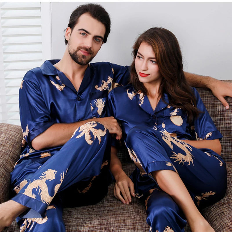 Couple Silk Satin Pajamas Set Long Sleeve Sleepwear