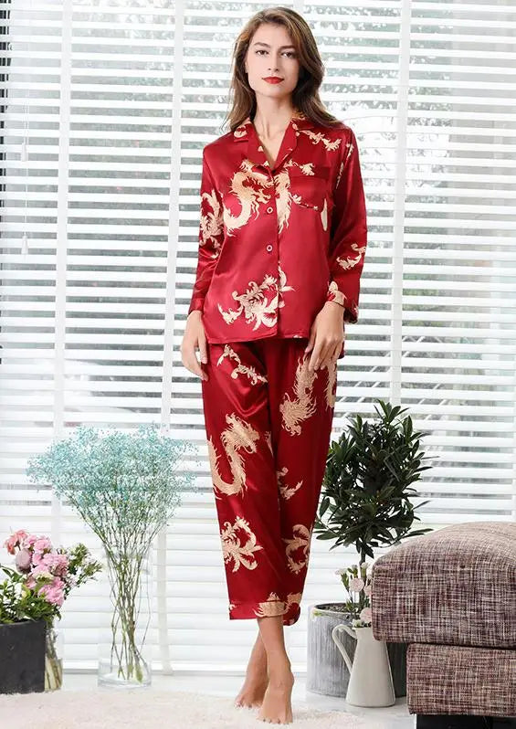 Couple Silk Satin Pajamas Set Long Sleeve Sleepwear