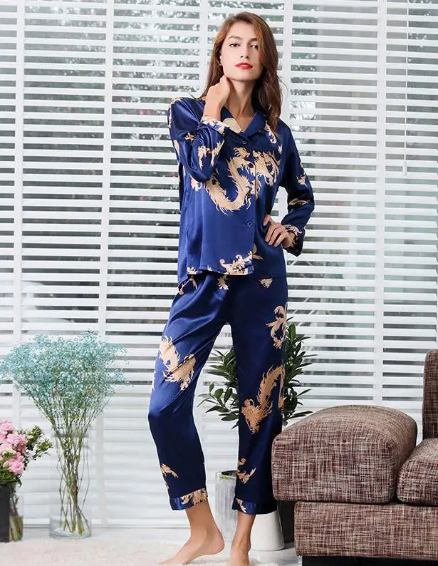 Couple Silk Satin Pajamas Set Long Sleeve Sleepwear