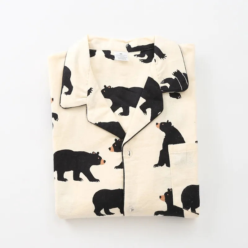 Cute White Bear 100% Brushed Cotton Men Pajama Sets Autumn Casual Fashion