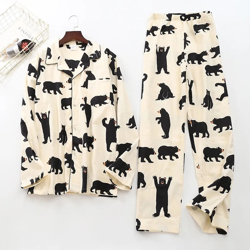 Cute White Bear 100% Brushed Cotton Men Pajama Sets Autumn Casual Fashion