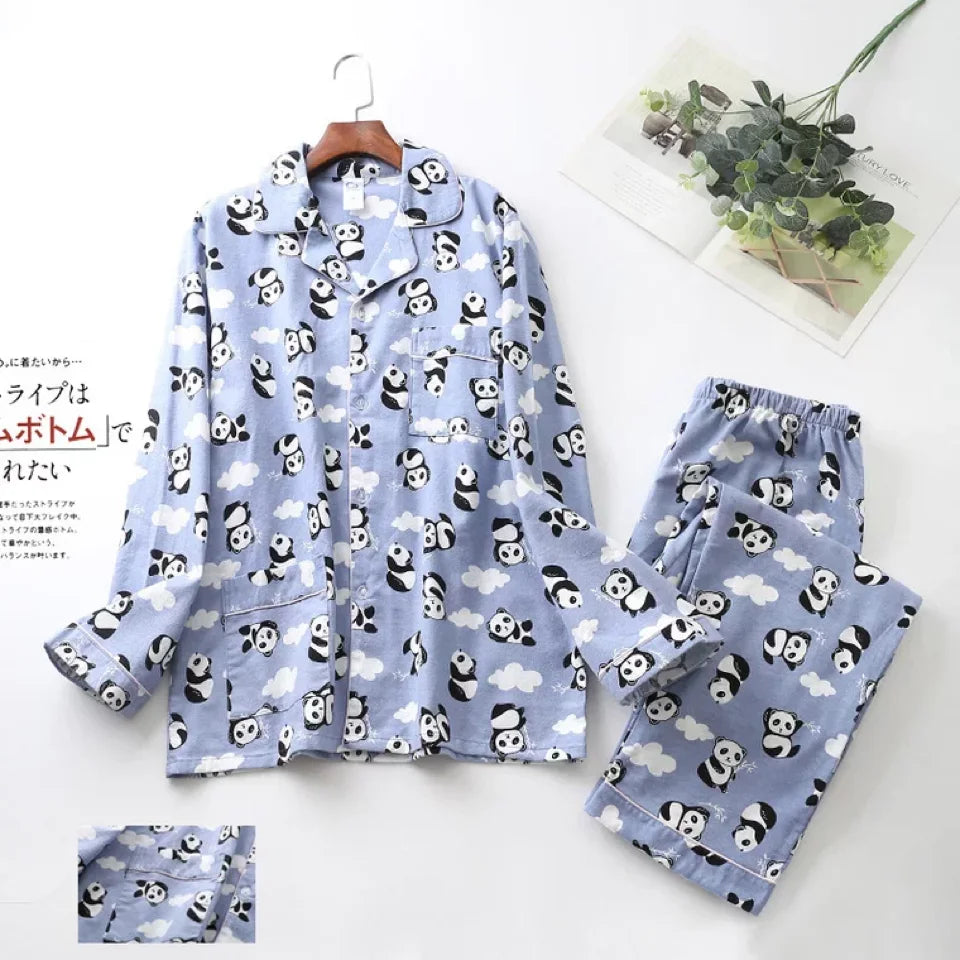 Cute White Bear 100% Brushed Cotton Men Pajama Sets Autumn Casual Fashion