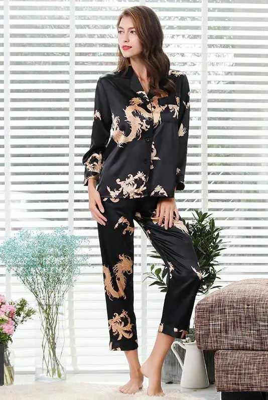 Couple Silk Satin Pajamas Set Long Sleeve Sleepwear