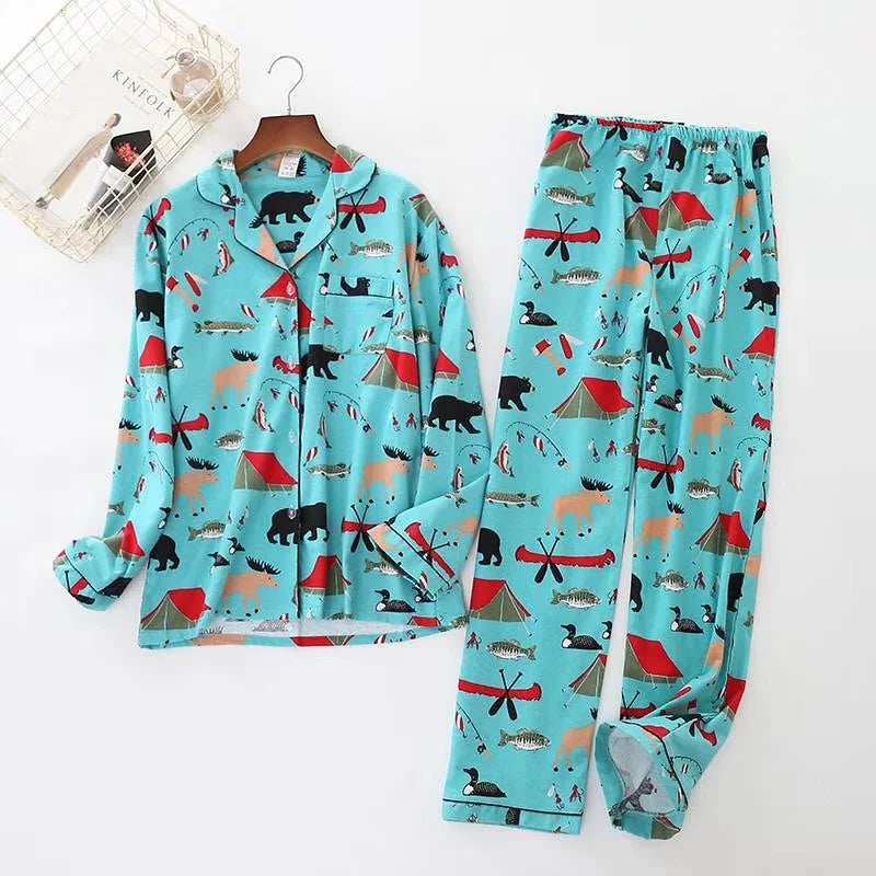 Cute White Bear 100% Brushed Cotton Men Pajama Sets Autumn Casual Fashion