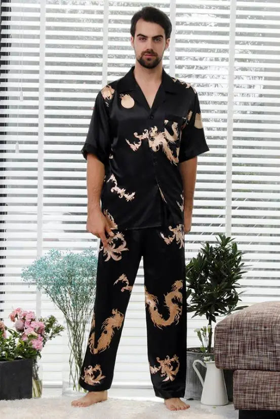 Couple Silk Satin Pajamas Set Long Sleeve Sleepwear