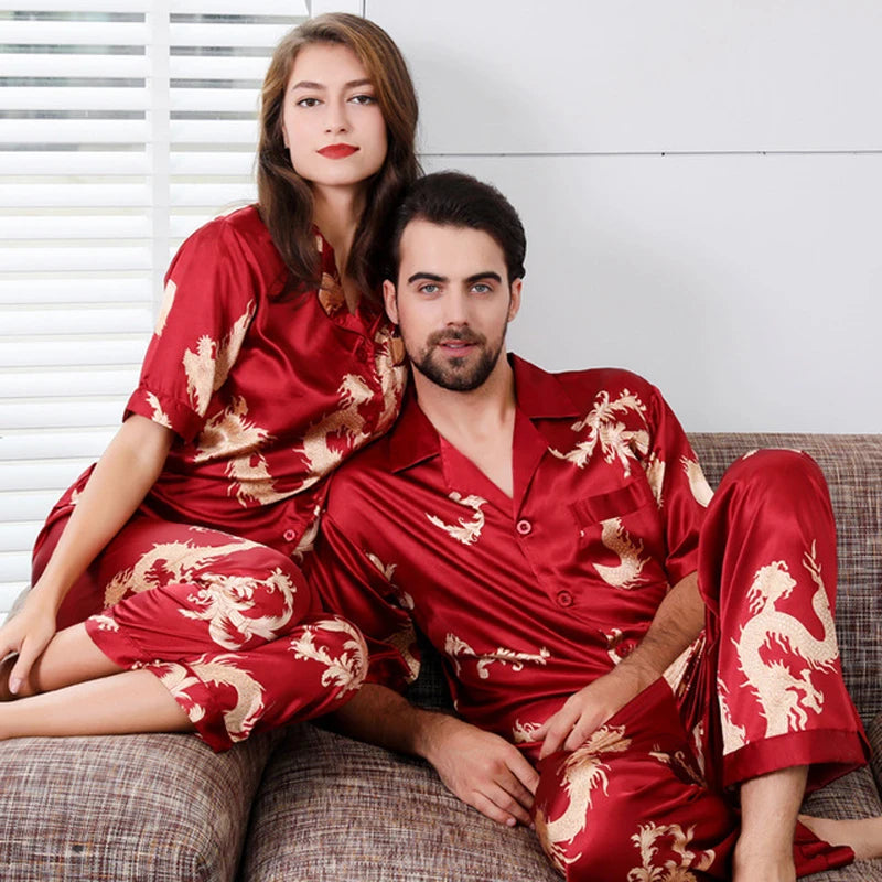 Couple Silk Satin Pajamas Set Long Sleeve Sleepwear