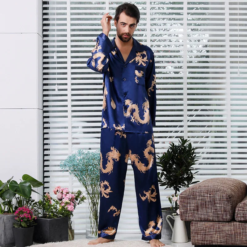 Couple Silk Satin Pajamas Set Long Sleeve Sleepwear